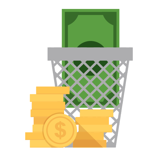Icon of dollars and coins in trash